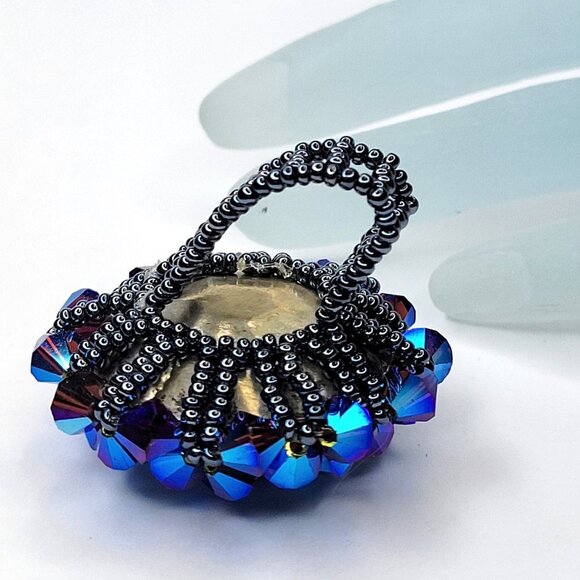 Blue Purple Bicone Crystals Ring Cluster Ring Glitter Beaded Stretch Ring - Picture 3 of 10